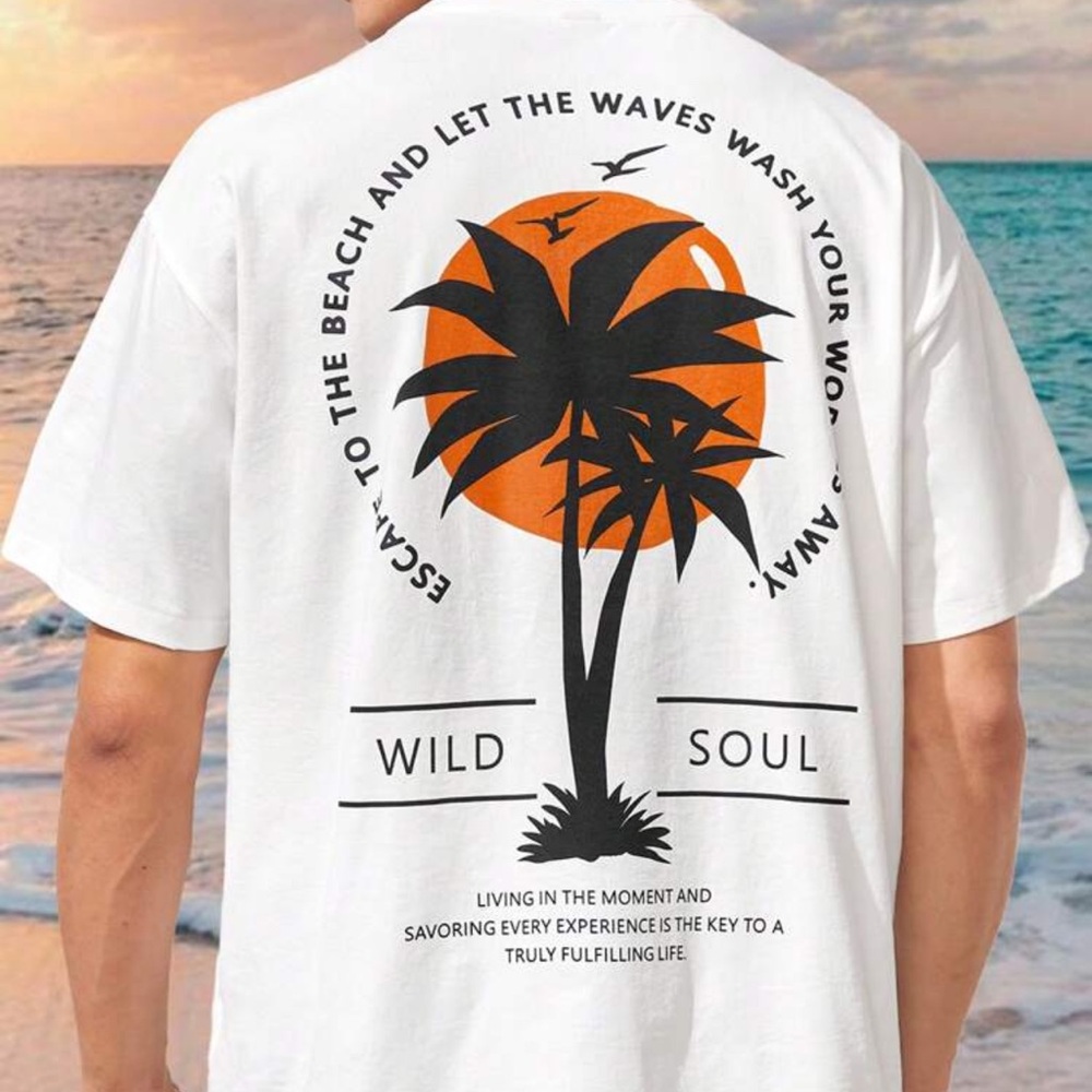 Manfinity VCAY Men's Summer Palm Tree Printed Round Neck Short Sleeve T-Shirt